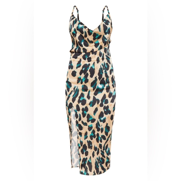 Tan Strappy Satin Leopard Print Cowl Midi Dress Size 4 NWOT - Picture 4 of 5